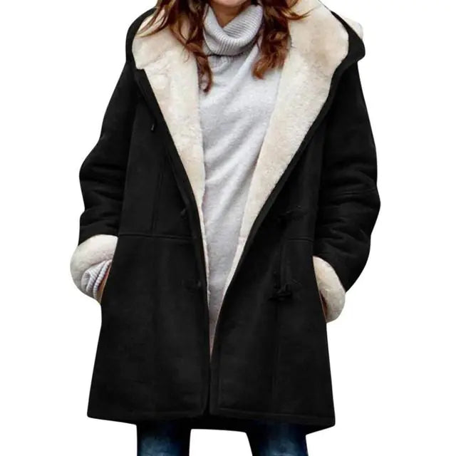 Fuzzy Hooded Jacket with Horn Buttons for Women