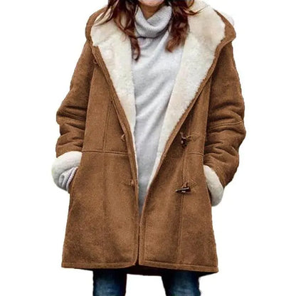 Fuzzy Hooded Jacket with Horn Buttons for Women