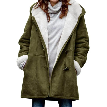 Fuzzy Hooded Jacket with Horn Buttons for Women