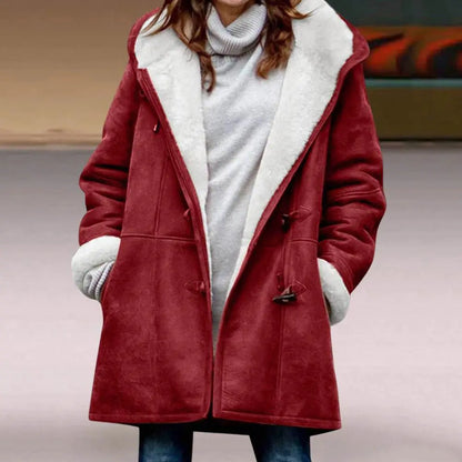Fuzzy Hooded Jacket with Horn Buttons for Women