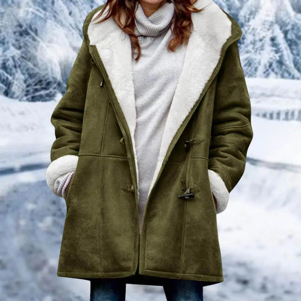 Fuzzy Hooded Jacket with Horn Buttons for Women