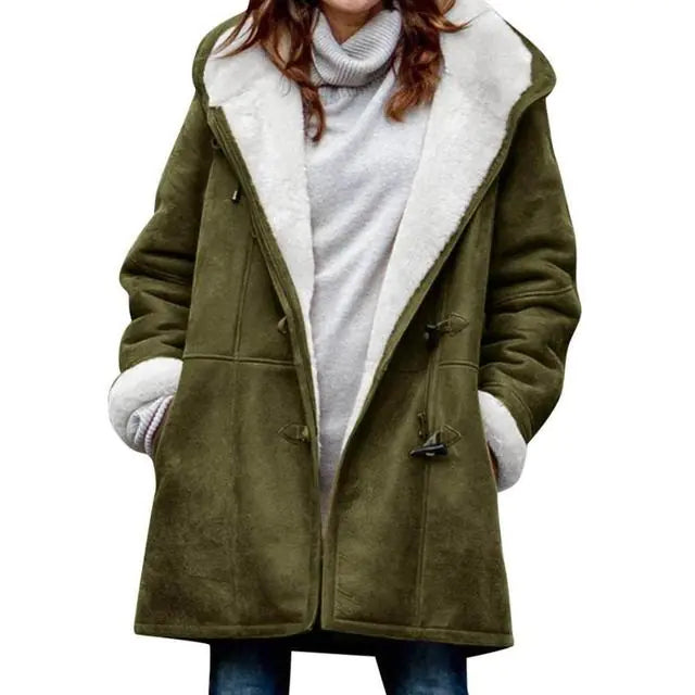 Fuzzy Hooded Jacket with Horn Buttons for Women