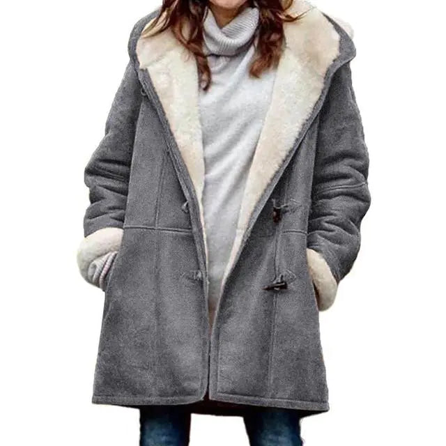 Fuzzy Hooded Jacket with Horn Buttons for Women