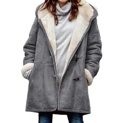 Fuzzy Hooded Jacket with Horn Buttons for Women
