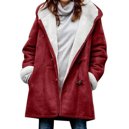 Fuzzy Hooded Jacket with Horn Buttons for Women