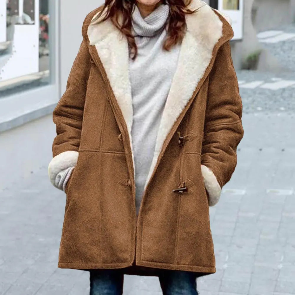 Fuzzy Hooded Jacket with Horn Buttons for Women