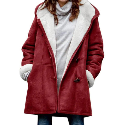 Fuzzy Hooded Jacket with Horn Buttons for Women