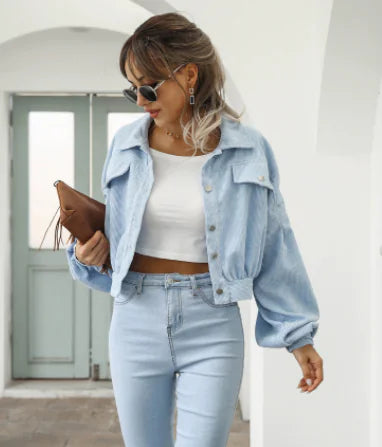 Lapel Corduroy Jacket with Lantern Sleeves for Women