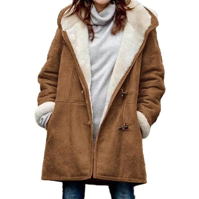 Fuzzy Hooded Jacket with Horn Buttons for Women